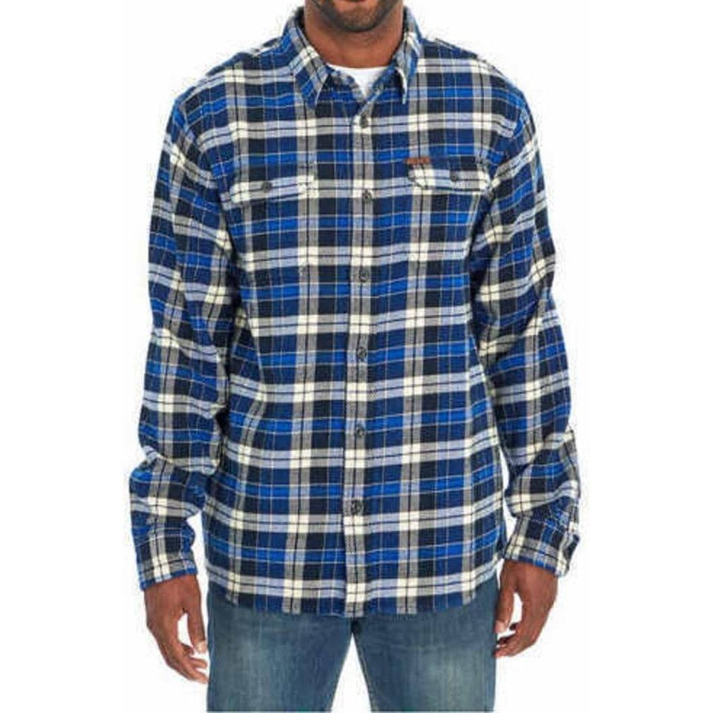 ORVIS Mens L flannel Plaid Long Sleeve Button Shirt Blue Cotton hand warmer norm